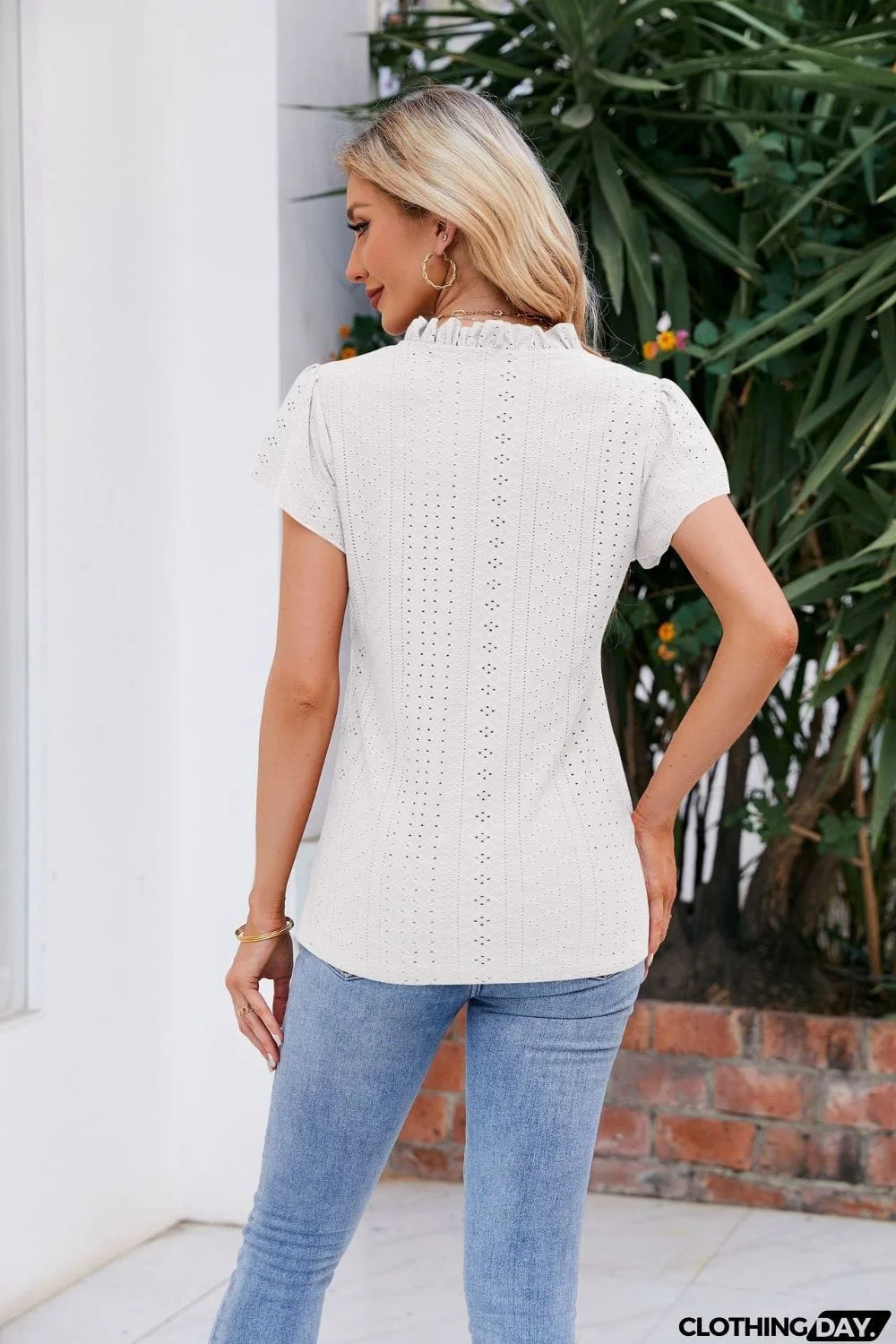 Notched Neck Puff Sleeve Blouse