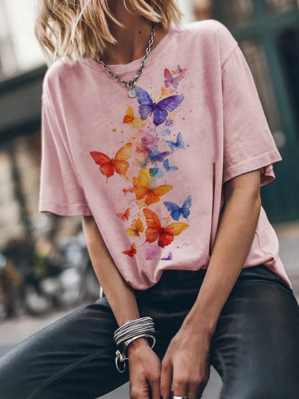 Colorful Butterfly Print Women's Short Sleeves tjj Shicloths