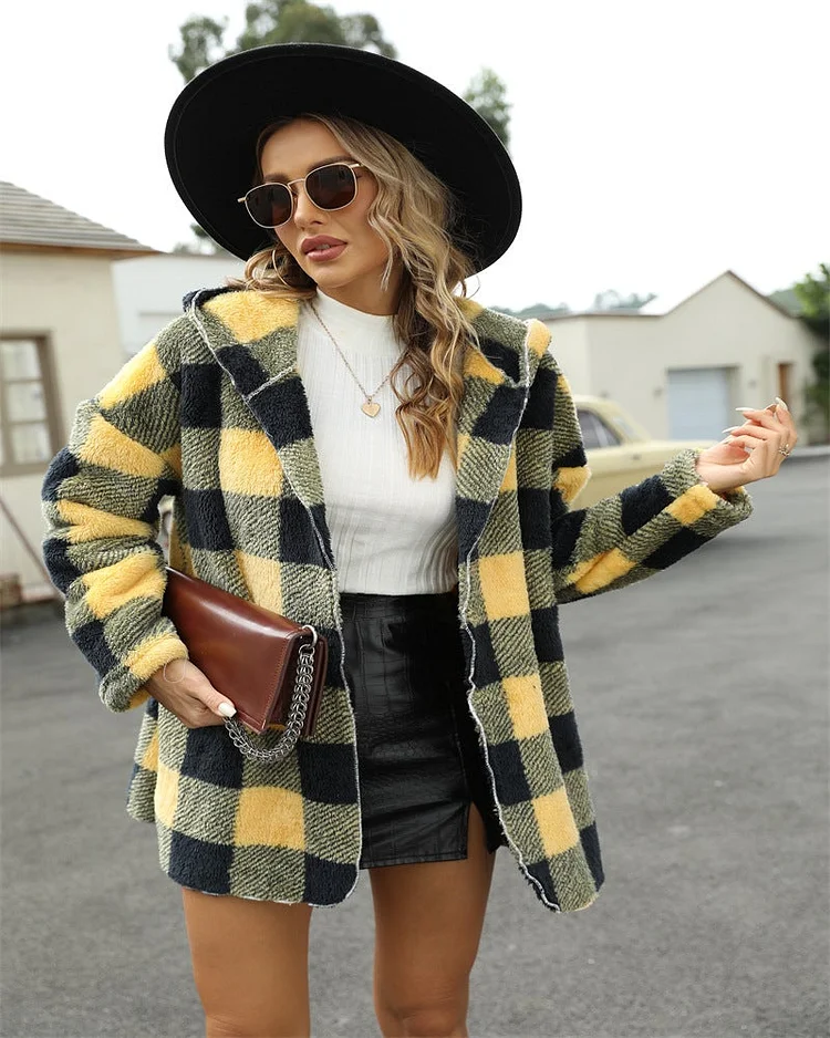 Fleece Hooded Plaid Cardigan Jacket For Women