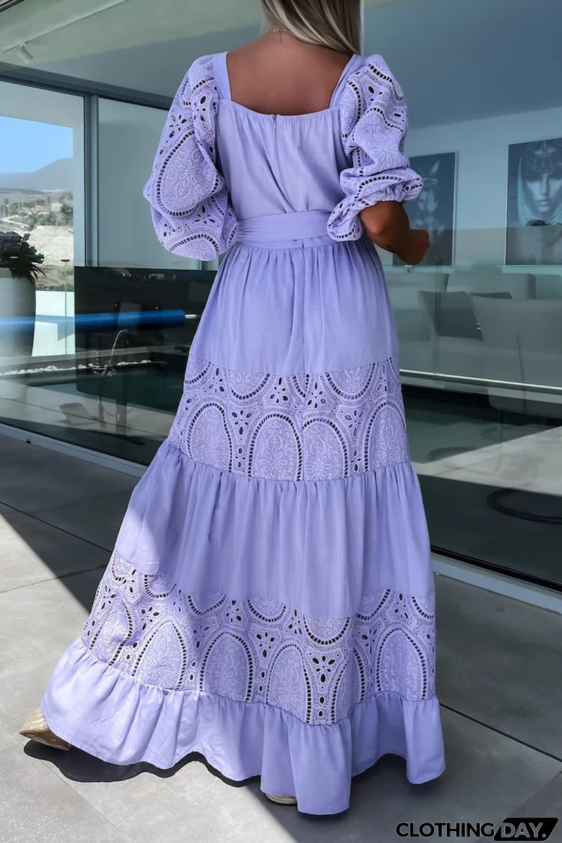 Elegant Solid Hollowed Out Frenulum Square Collar A Line Dresses