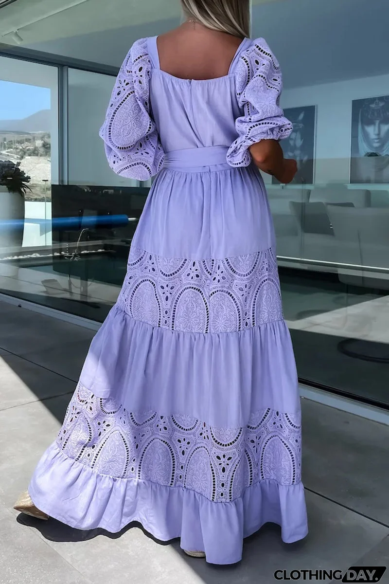 Elegant Solid Hollowed Out Frenulum Square Collar A Line Dresses