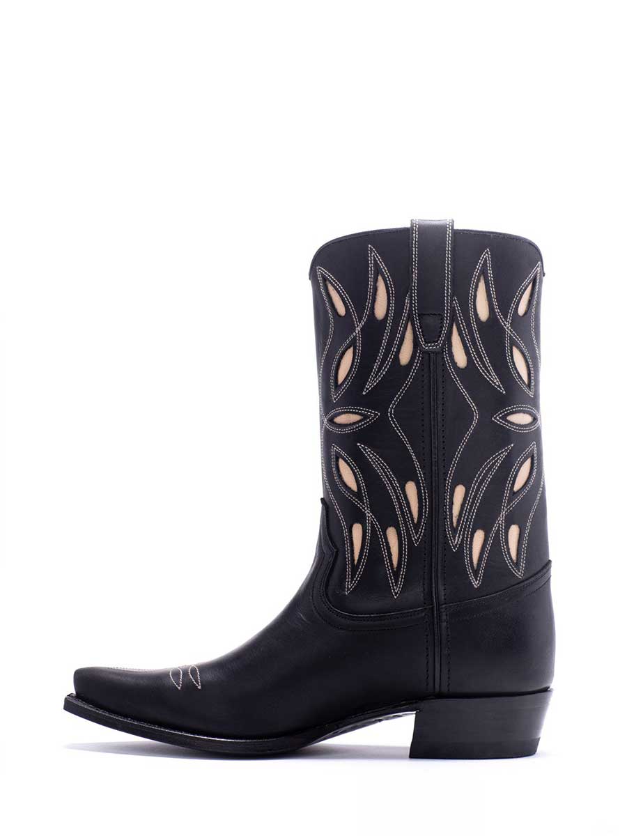 Black Vegan Leather Leaves Embroidered Cowgirl Block Heeled Boots