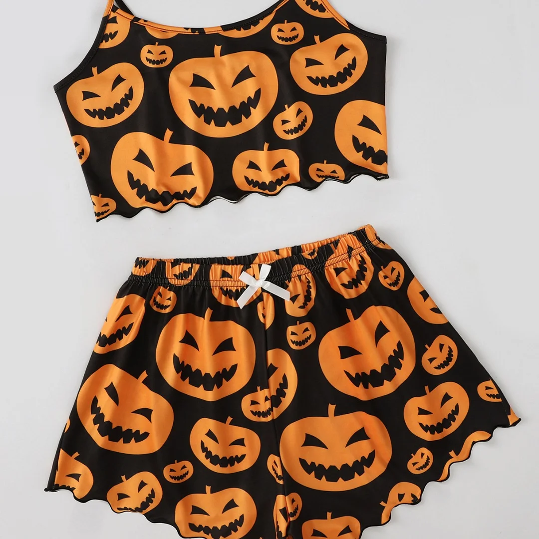 Woherb Woherb Funny Pumpkin Head Print Condole Top Sleeveless Home Clothes Pure Milk Silk Pajamas Girl Suit-Outfit Ideas