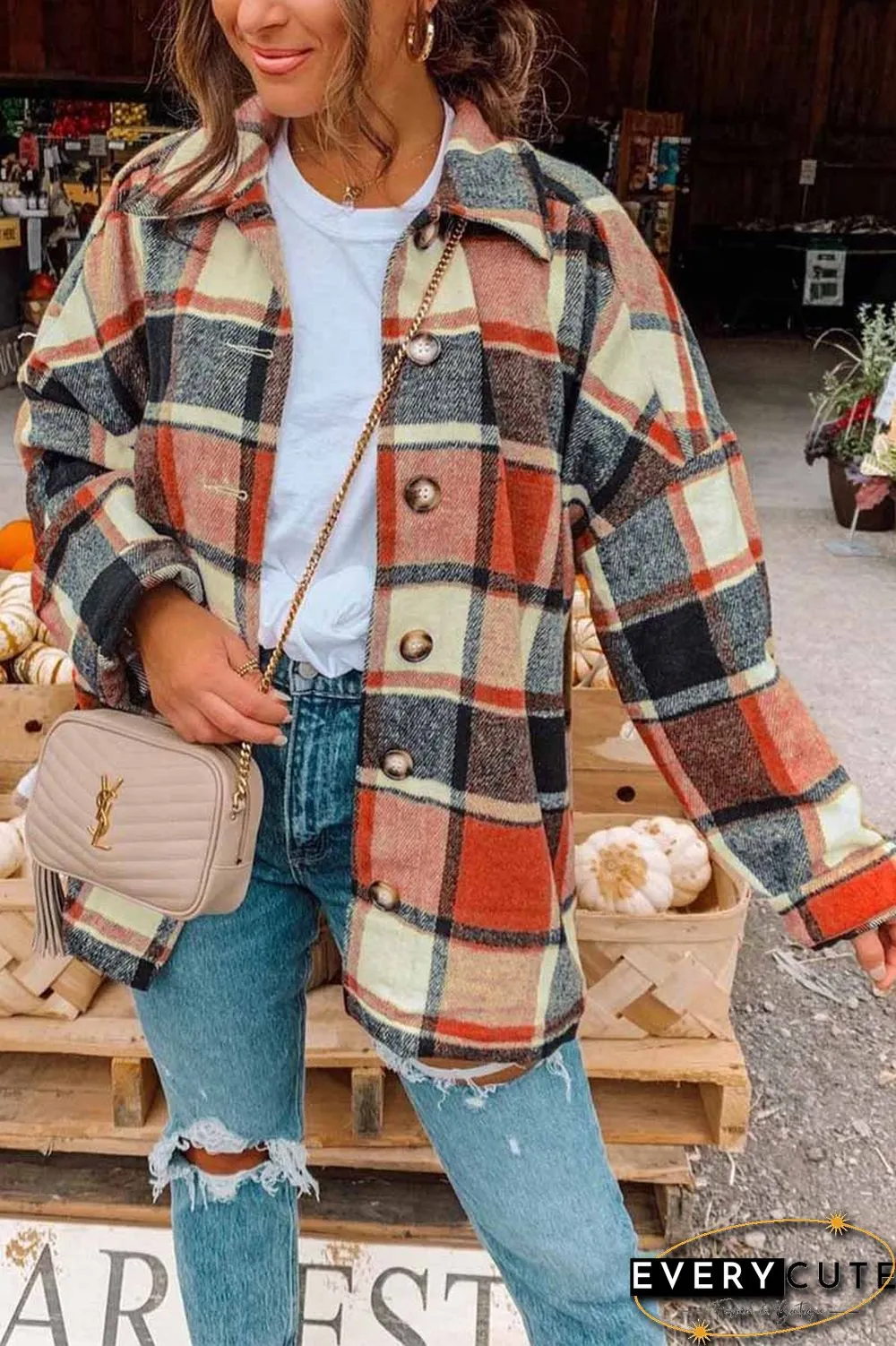 Fashion Big Plaid Coat Woolen Coat Tops(6 Colors)
