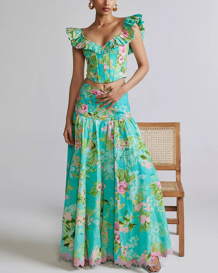 Romantic French Floral Print Corset Top and Skirt Two-Piece Set