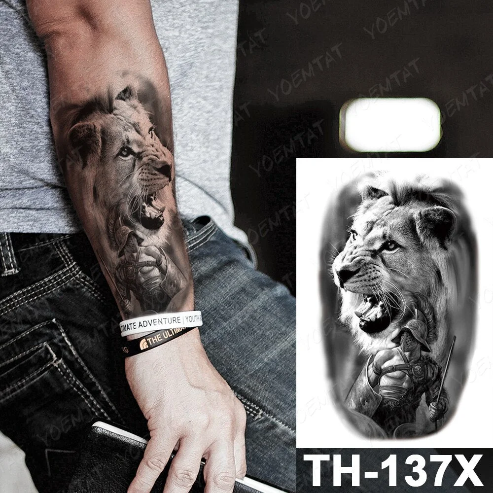 Roaring Lion Temporary Tattoo Sticker For Men Women Wolf Lightning Black Tiger Rose Waterproof Fake Henna Wild Animal Body Art