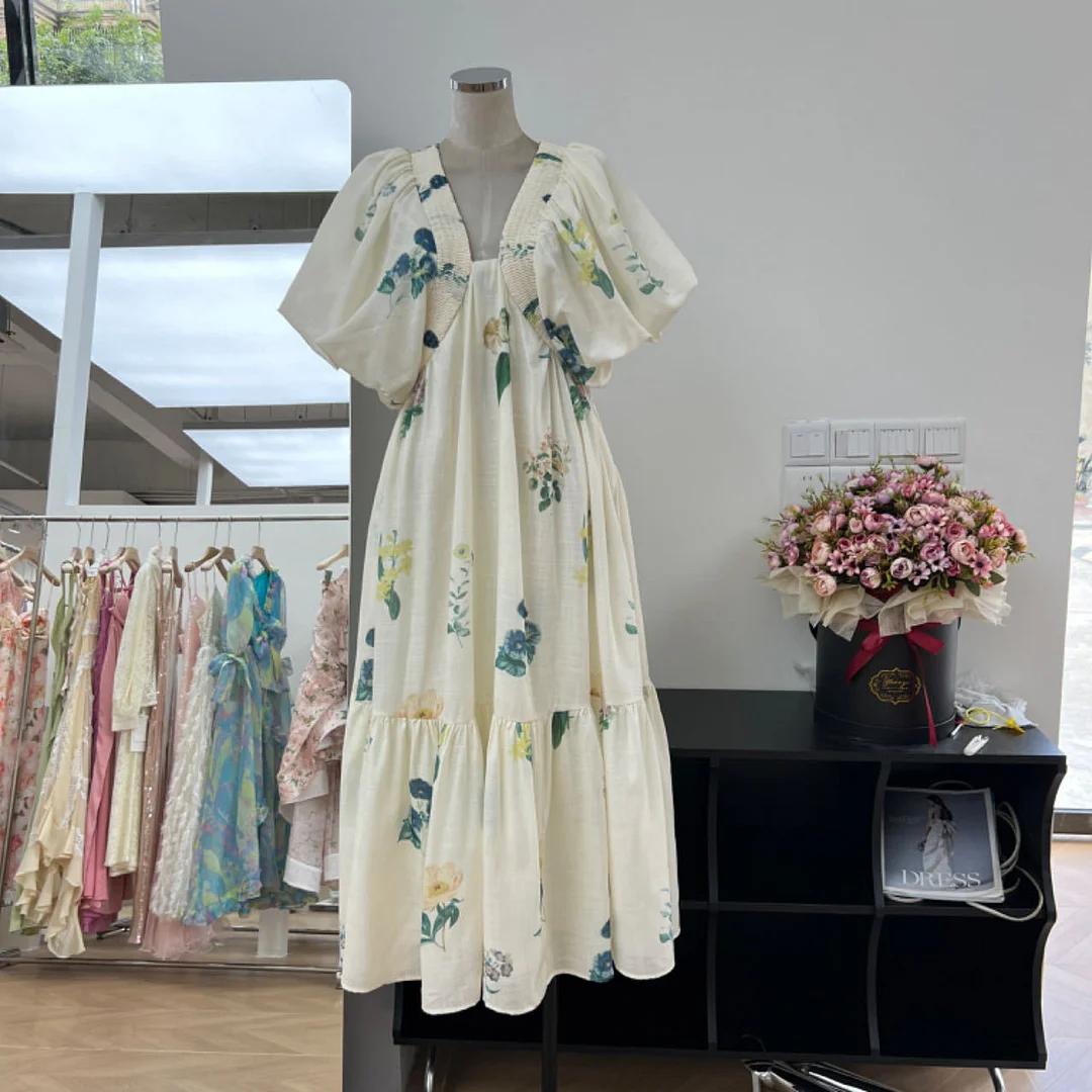 Zingj Congyuan Thousand Gold Tea Break Holiday Leisure V Collar Bubble Sleeve Print Bamboo Dress Temperament 2024