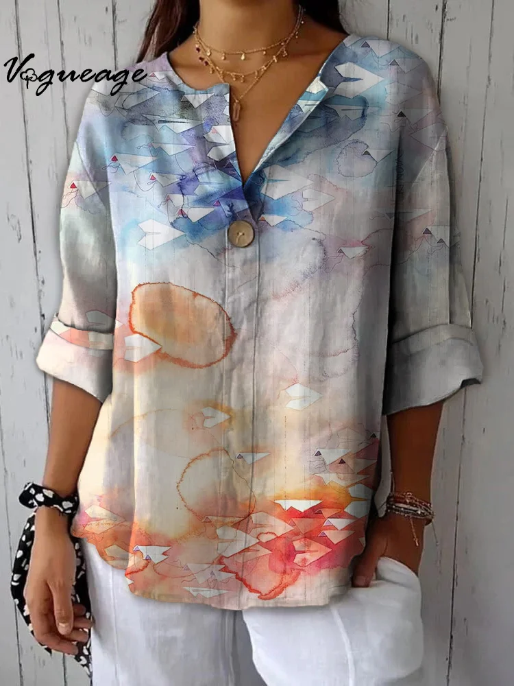 Ink Painting Abstract Printed Cotton And Linen Women Shirt