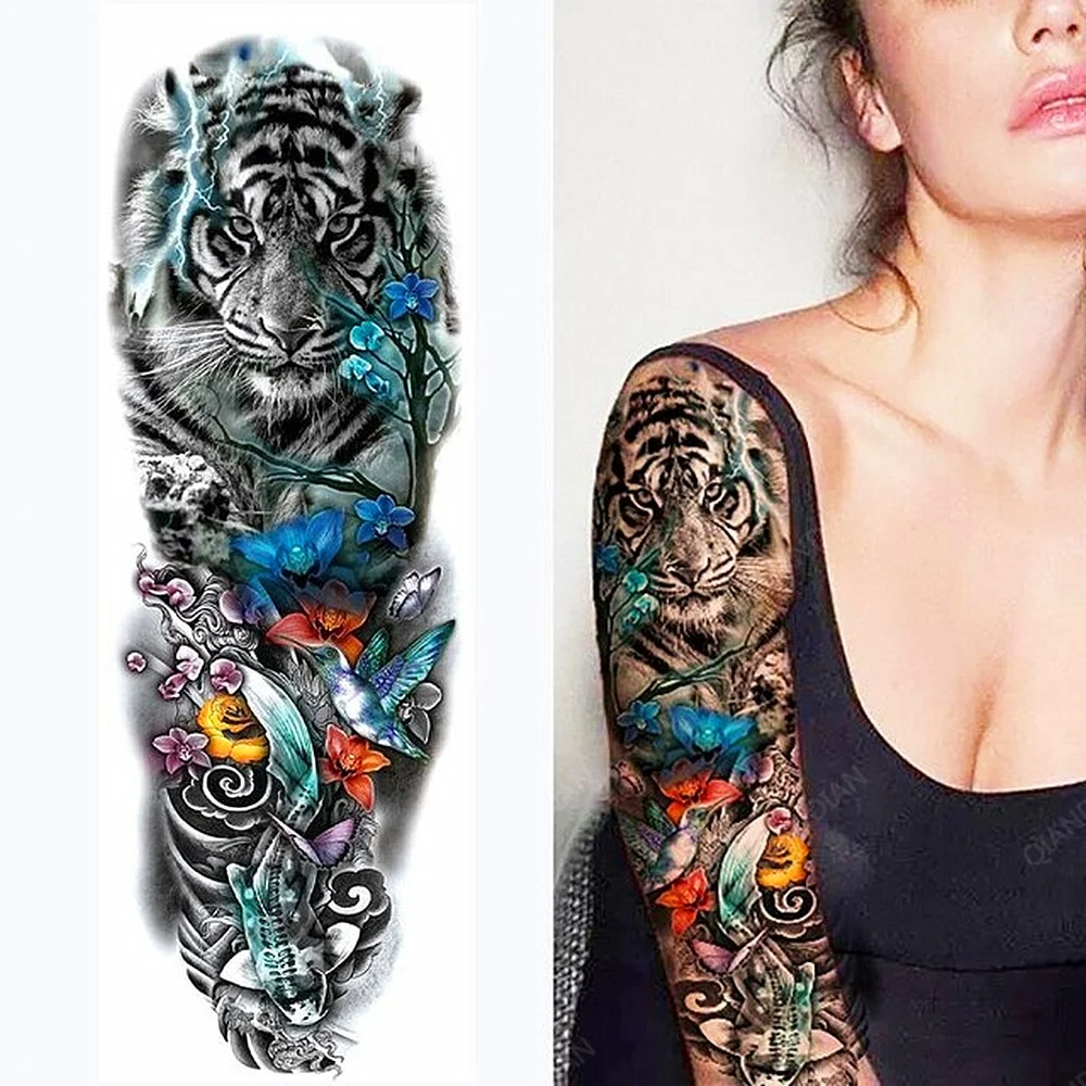 Sdrawing Arm Temporary Tattoo Lady Gun Eye Flower Tiger Lion Skull Eagle Women Body Leg Waterproof Sticker Cool Man Totem Sleeve