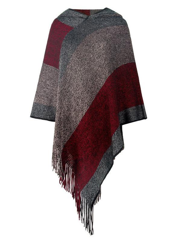 Women's Knit Shawl Fringed Hem Striped Stitching Sweater Top