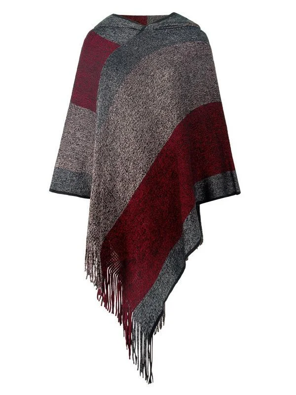 Women's Knit Shawl Fringed Hem Striped Stitching Sweater Top