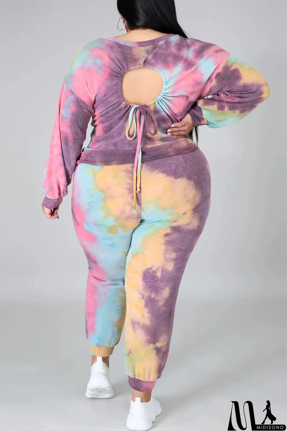 MidiSono - Multicolor Fashion Casual Print Tie Dye Backless O Neck Plus Size Two Pieces
