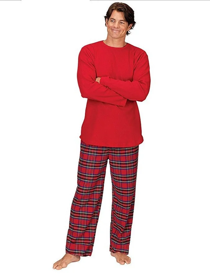 Christmas Long Sleeve Pure Red Top and Long Plaid Pants Family Matching Pajamas