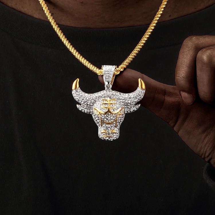 Full Rhinestone Bull Head Hiphop Iced Out Pendant Necklace-VESSFUL