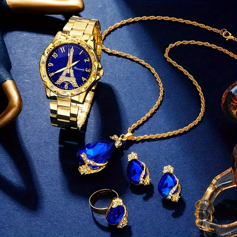 5pcs set womens watch eiffel tower quartz watch luxury golden stainless steel wrist watch jewelry set gift for mom her details 1