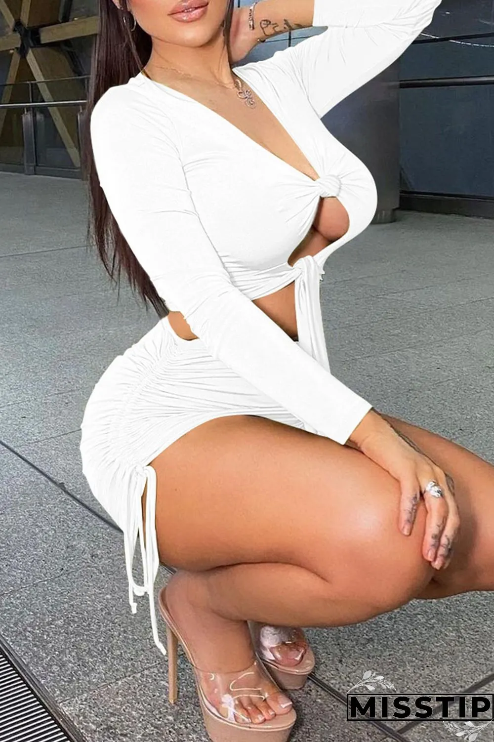 Light Green Sexy Solid Hollowed Out Patchwork Draw String Fold Knotted Neck Long Sleeve