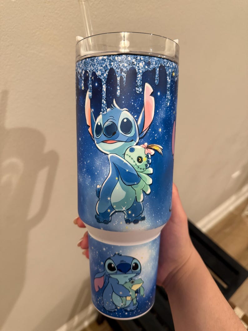 Personalized 40oz Glow-in-the-Dark Stitch Tumbler with Handle, Blue Glow Acrylic Lid, Lilo & Stitch Inspired Cup, Stirch Stanley dupe image 4