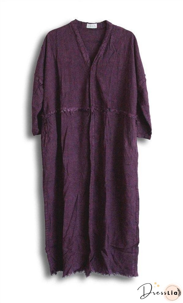 Women Loose Autumn Cotton Linen Ripped Retro Trench Coat Outerwear
