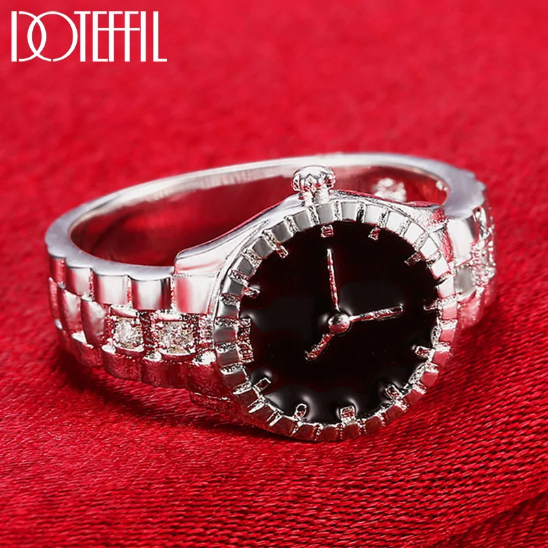 DOTEFFIL 925 Sterling Silver AAA Zircon Watch Shape Ring For Women Jewelry