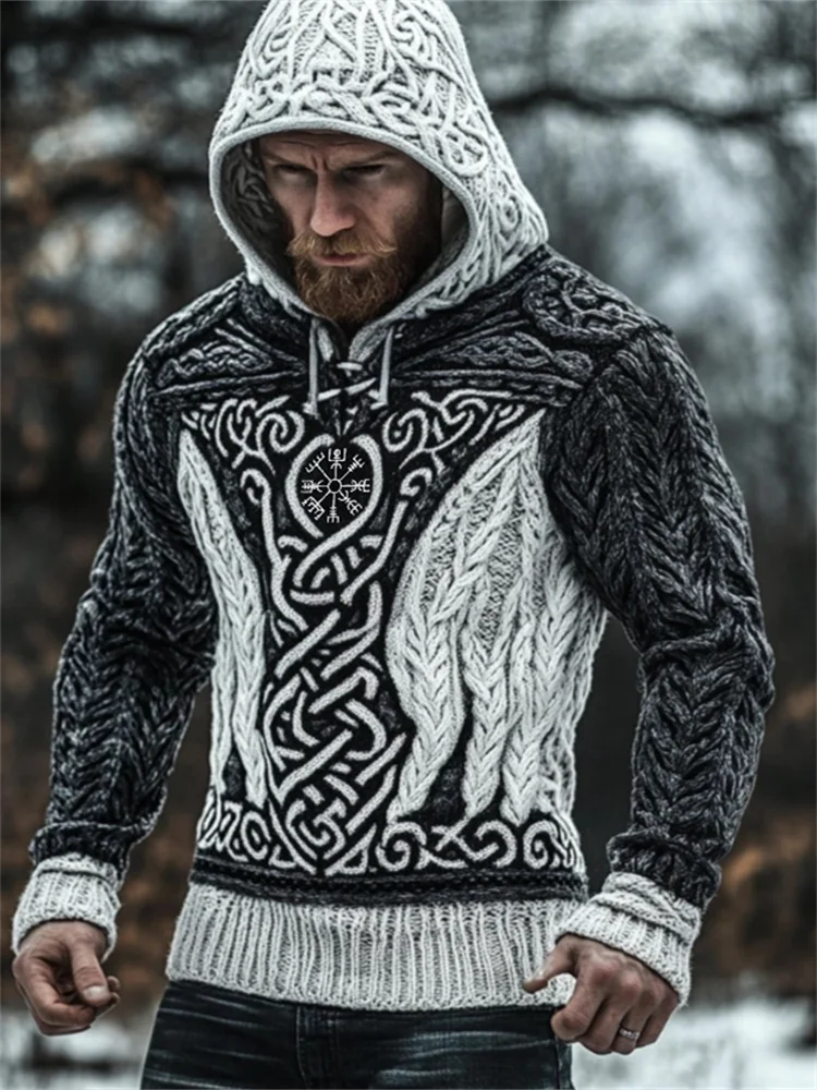 Men's Viking Vegvisir Celtic Contrast Chunky Hooded Sweater