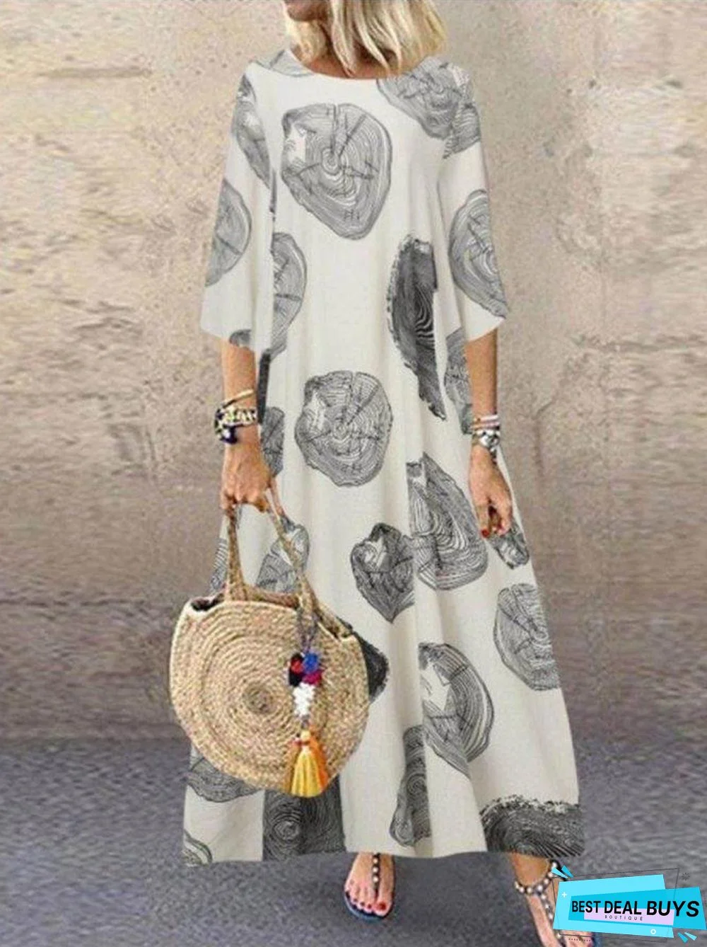 Vintage Cotton Print A-Line Round Neck Casual Maxi Dresses Black Dresses