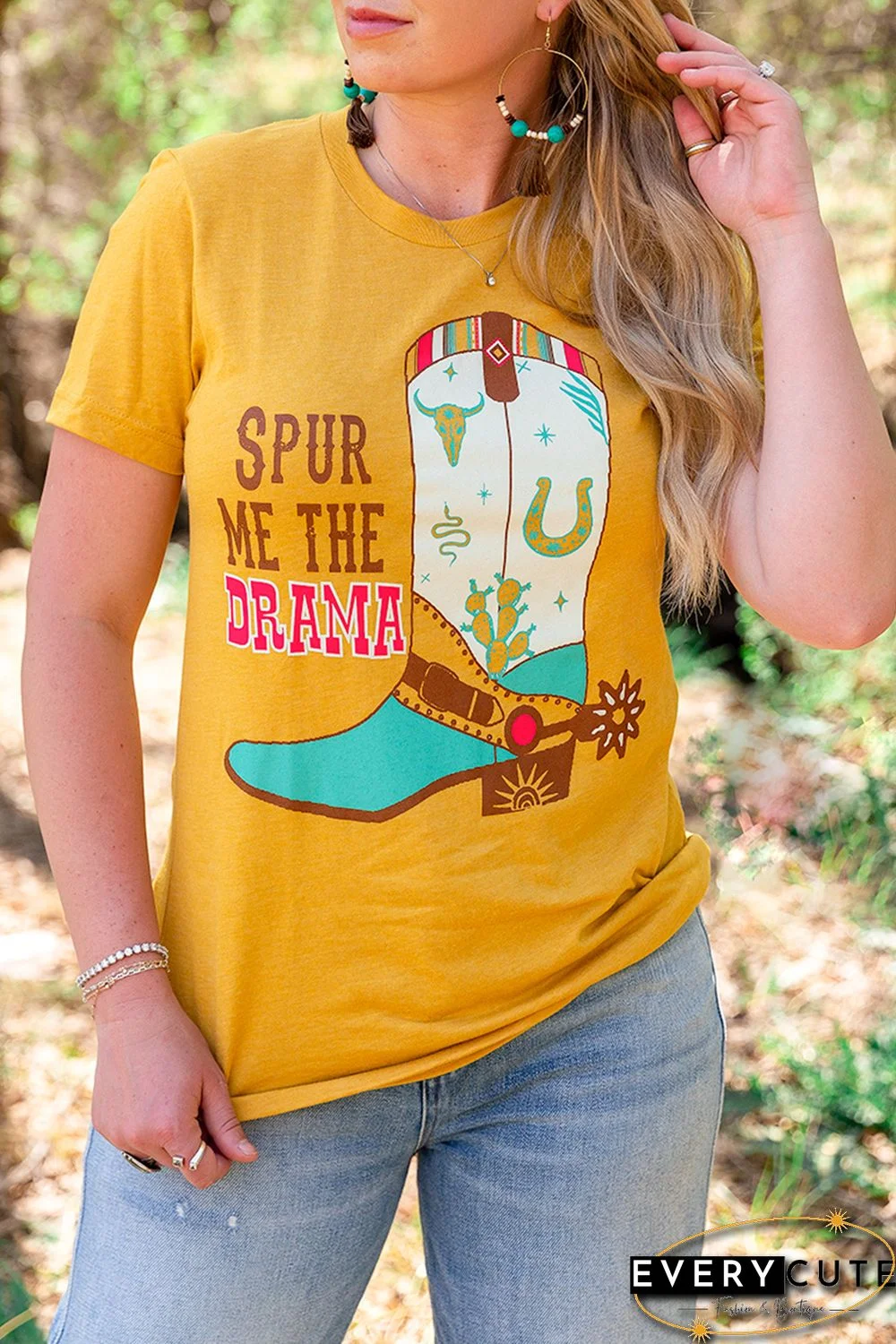 Yellow Western Boots Letter Graphic Printed Crew Neck T Shirt