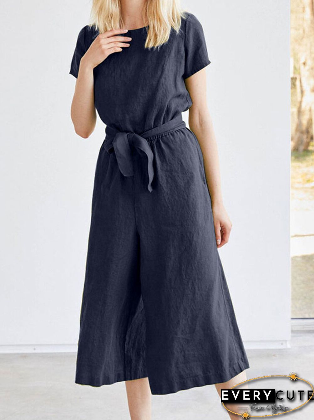 Solid Pocket Short Sleeve Wide Leg Jumpsuit With Belt