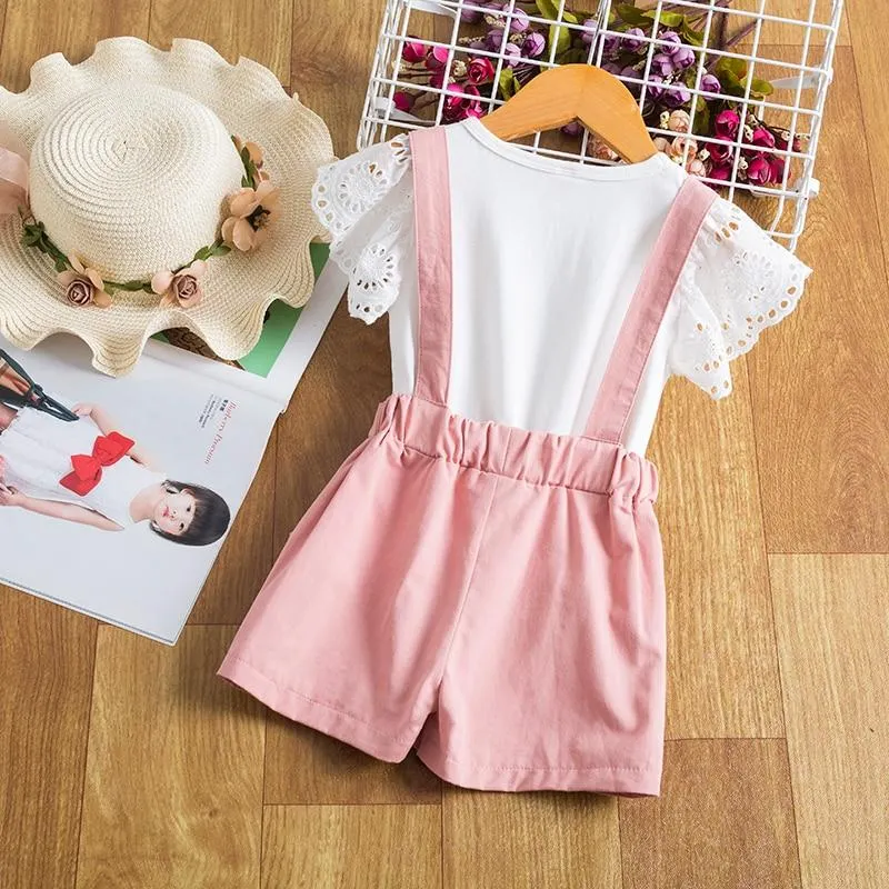 Toddler Girls Clothes Set Kids Ruffle White Top T-shirt+Pink Suspender Shorts Pants Outfits Children Sport Suit 2 3 4 5 6 Years