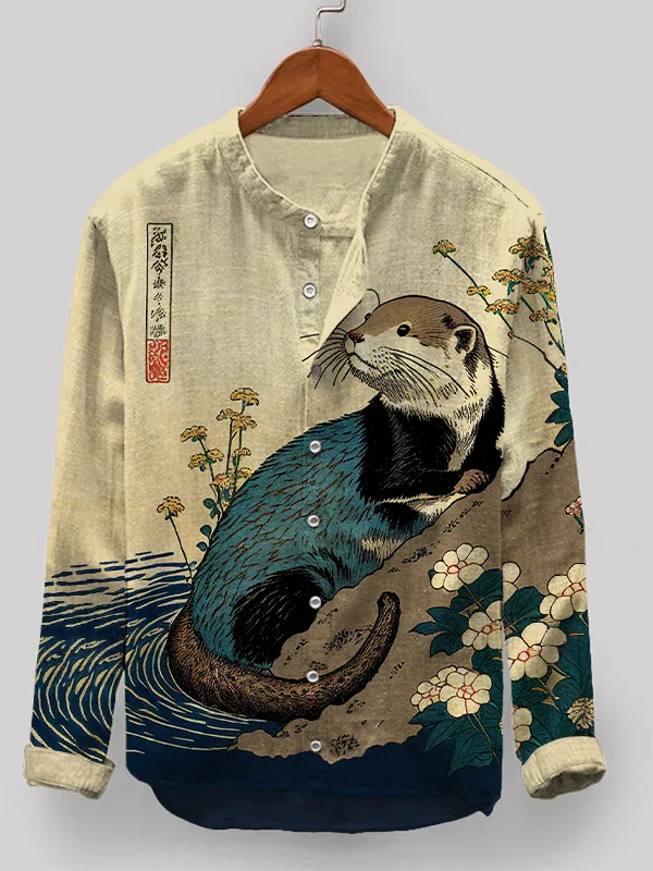 Men's Floral Otter Water Japanese Art Print Casual Long Sleeve Shirt