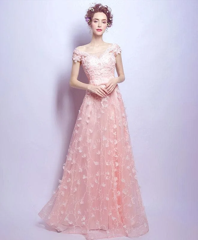 Pink Tulle Lace Long Prom Dress, Pink Evening Dress