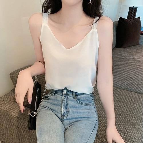 Korean Chiffon Women Tops Camis Sexy Halter Top Woman Sleeveless Solid Tank Tops Plus Size Women V-neck Camisole Basic White Top