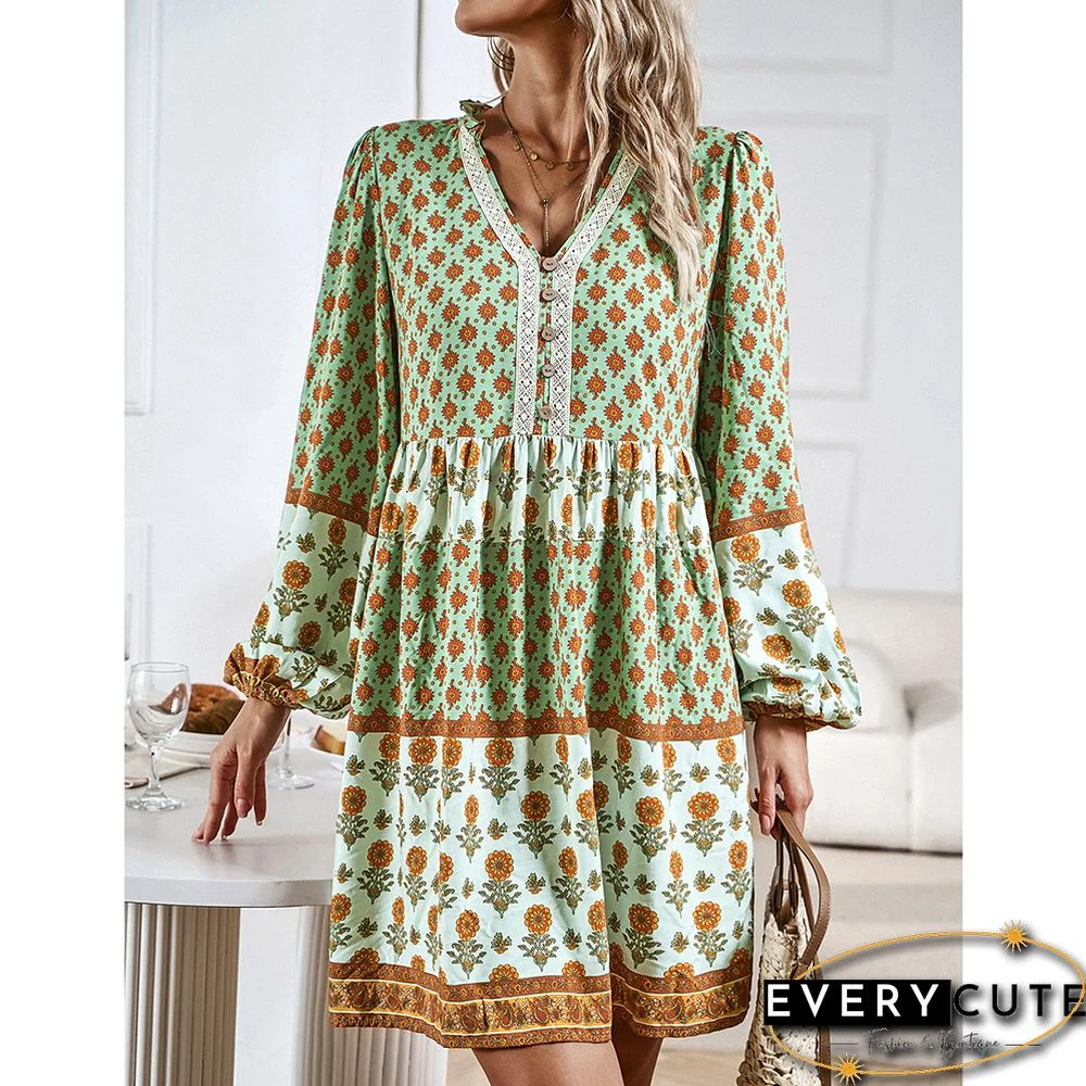 Light Green Bohemia Print Button Detail V Neck Long Sleeve Dress