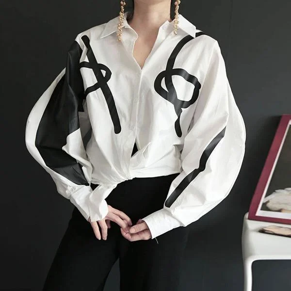Turn Down Collar Long Lantern Sleeve Personality Single Breasted