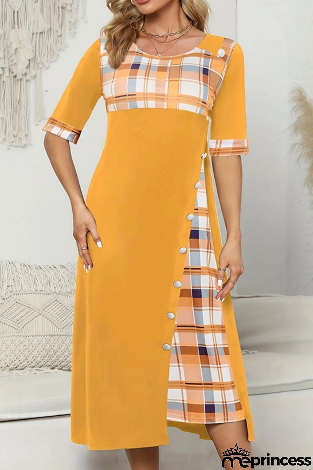 Casual Plaid Print Patchwork O Neck Short Sleeve Dress Dresses