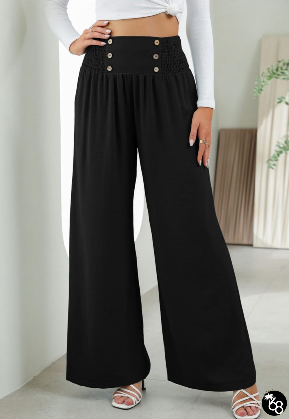 Button Detail Shirred Waist Pants | 168DEAL