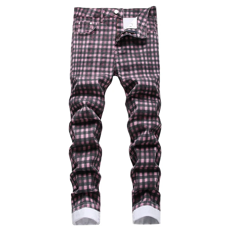 BrosWear Men's Plaid Stretch Casual Jeans