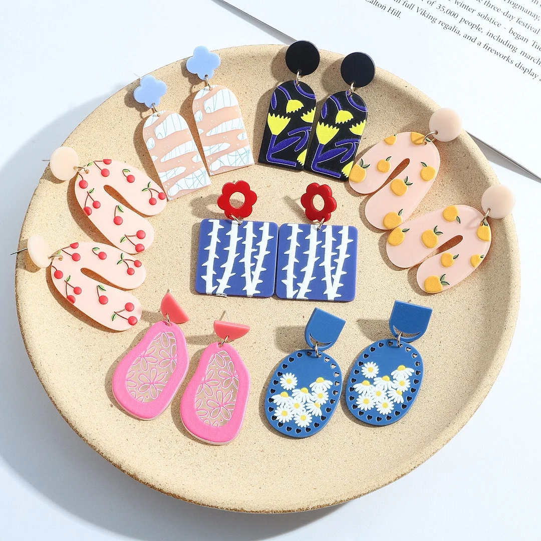 Dvacaman 2021 Fashion Multi-type Geometric Hand Painted Cartoon Fruits Flower Acrylic Resin Drop Earrings Women Colorful Jewelry