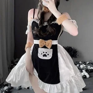pornhint Pornhint Sexy Lingerie Set with Apron Fun and Flirty Maid Costume Backless Style, Anime Lolita Maid Bodysuit Lingerie Dress, Cute Cat Maid Girl Dress