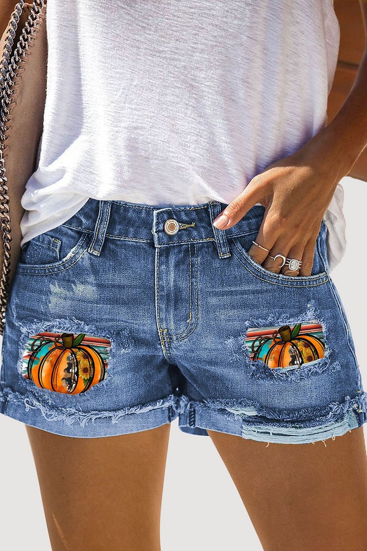 Pumpkin Print Cutout Mid Waist Straight Denim Shorts