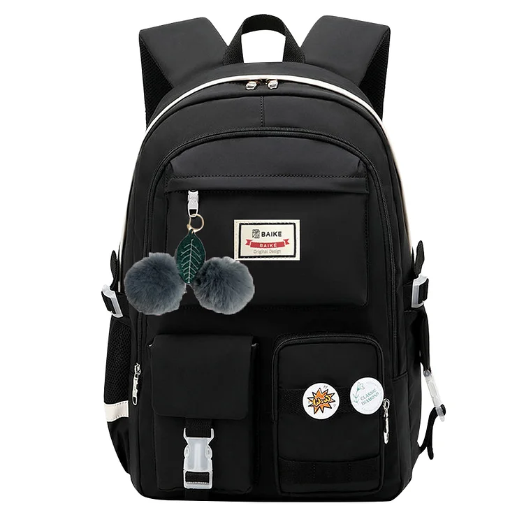 Nylon School Backpack Large Capacity Girls School Bag Mochilas (Black)