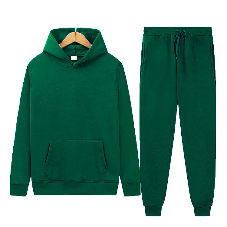 BrosWear Casual Unisex Solid Color Hoodie Pocket Drawstring Pants Tracksuit Set green
