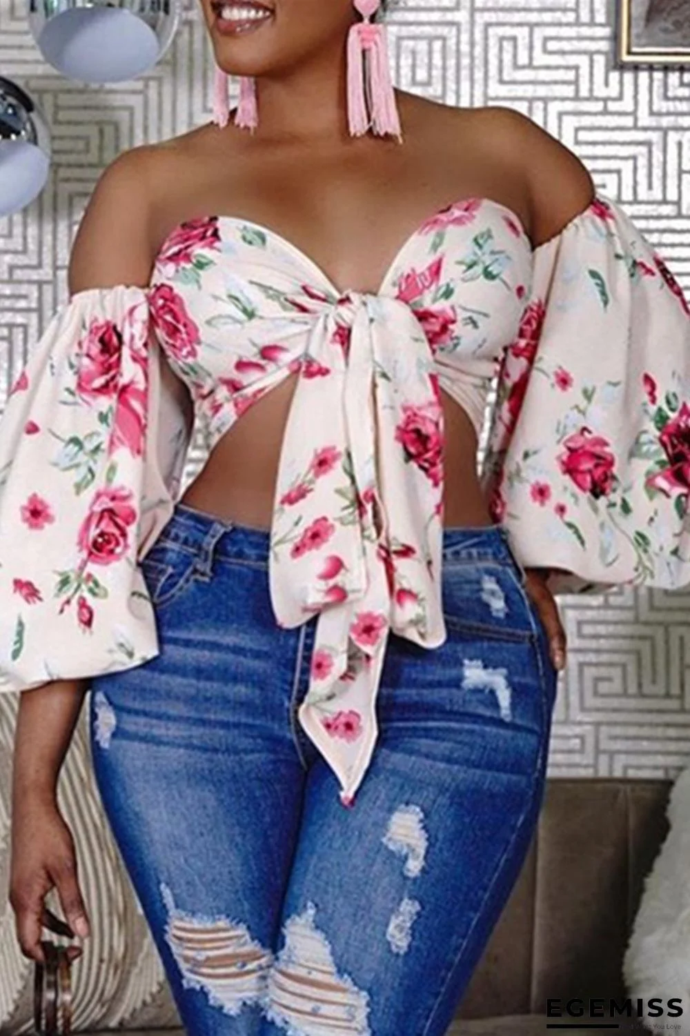 White Fashion Sexy Print Backless Strapless Tops | EGEMISS