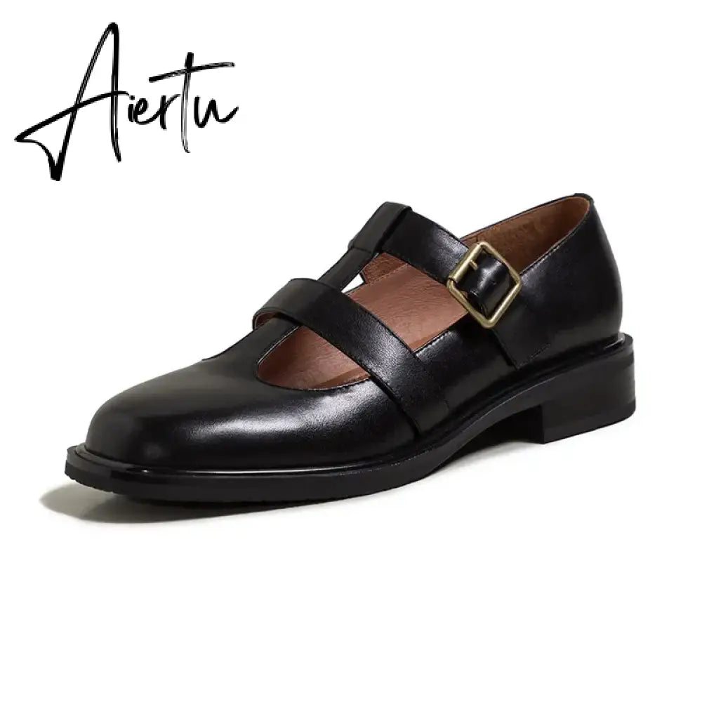 Aiertu New Spring Genuine Leather Women Shoes GLADIATOR Round Toe Casual Buckle Strap Platform Heels Shallow Shoes Women pumps Aiertu