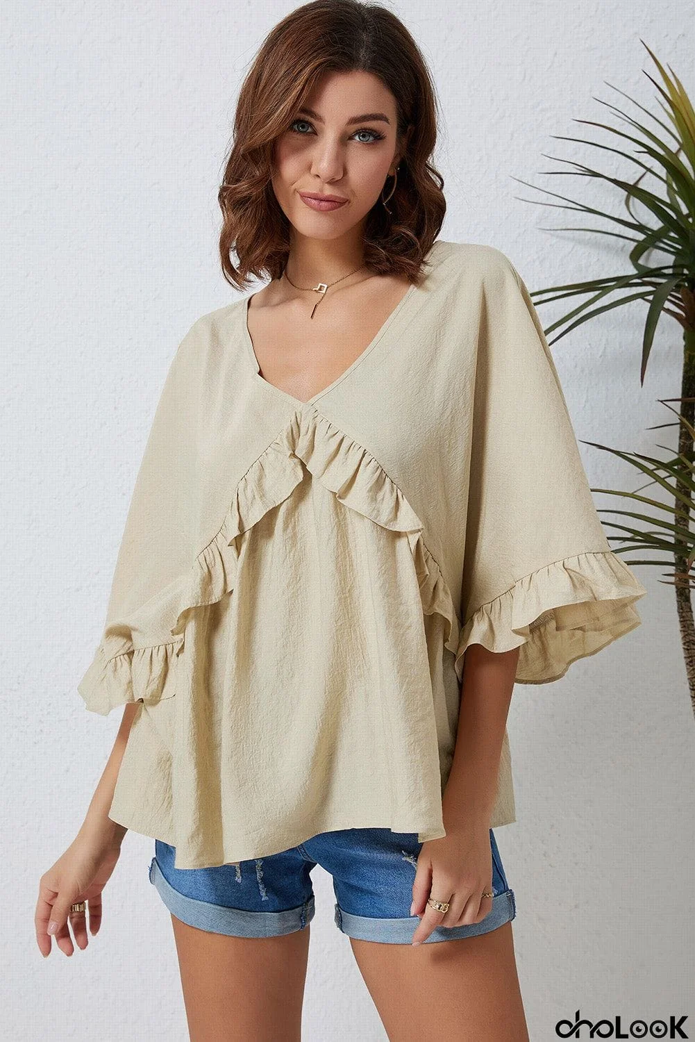 Ruffled V-Neck Half Sleeve Blouse