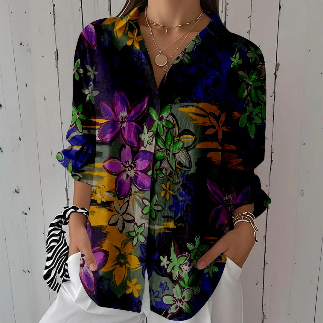 Style & Comfort for Mature Women Women Black, Purple, Flowers DZCL0465 3/4 Sleeve Shirt Collar Printed Button Tops