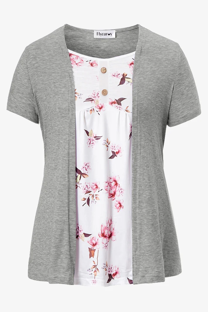 Flycurvy Plus Size Casual Grey Faux Two Piece Ruched Bust Decorative Button Floral V Neck Short Sleeve Blouse  Flycurvy [product_label]