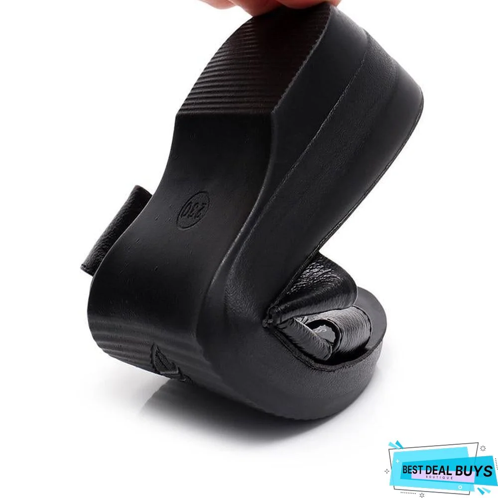 Women Slip On Leather Open Toe Sandals Flip Flops Wedges Platform Beach Shoes