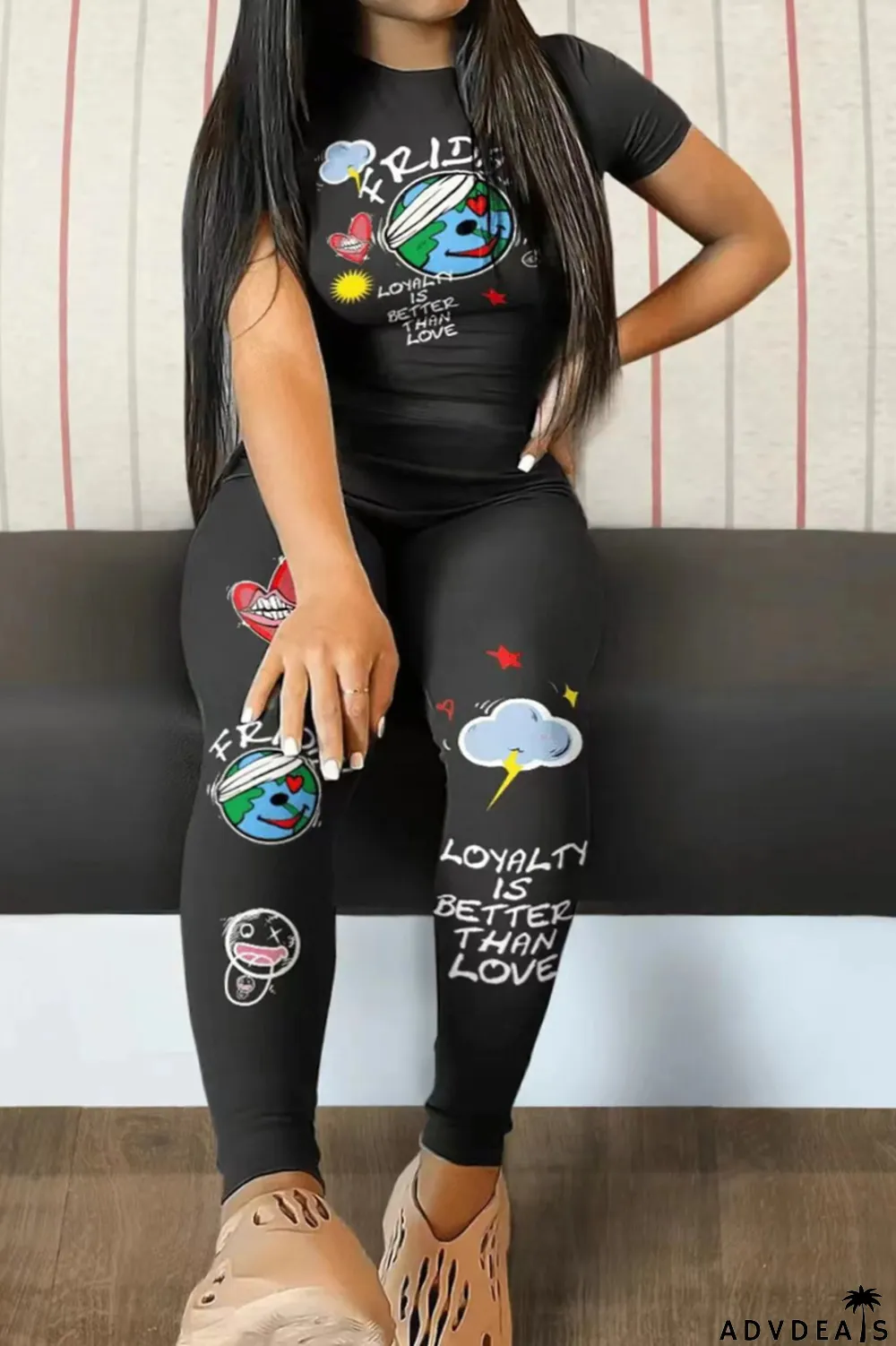 Black Red Casual Print Patchwork O Neck Plus Size Two Pieces