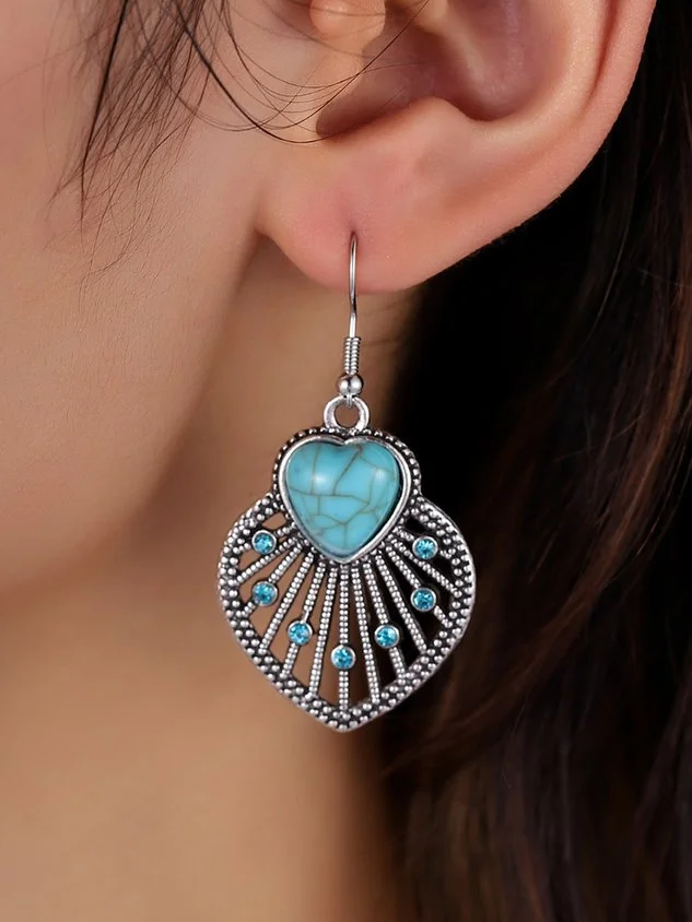 Retro Heart-shaped Turquoise Rhinestone Hollow Out Dangle Earrings socialshop