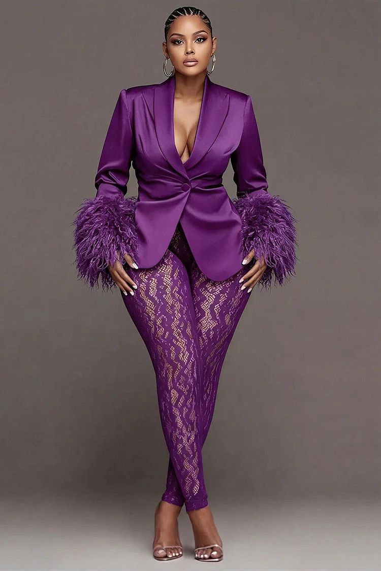 Xpluswear Design Plus Size Mardi Gras Lace Purple Lapel Collar Long Sleeve Feather See Through Satin Two Piece Pant Suits 2024 - Xpluswear
